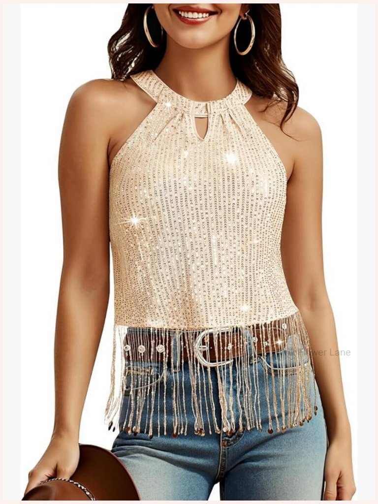 Sequin Fringe Halter Top For Country Concert Party